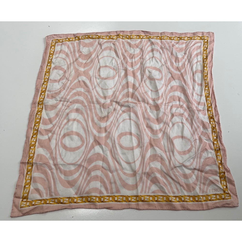Fendi Scarf Pink White Psychedelic Wave Zucca FF Logo Border Square Accessory